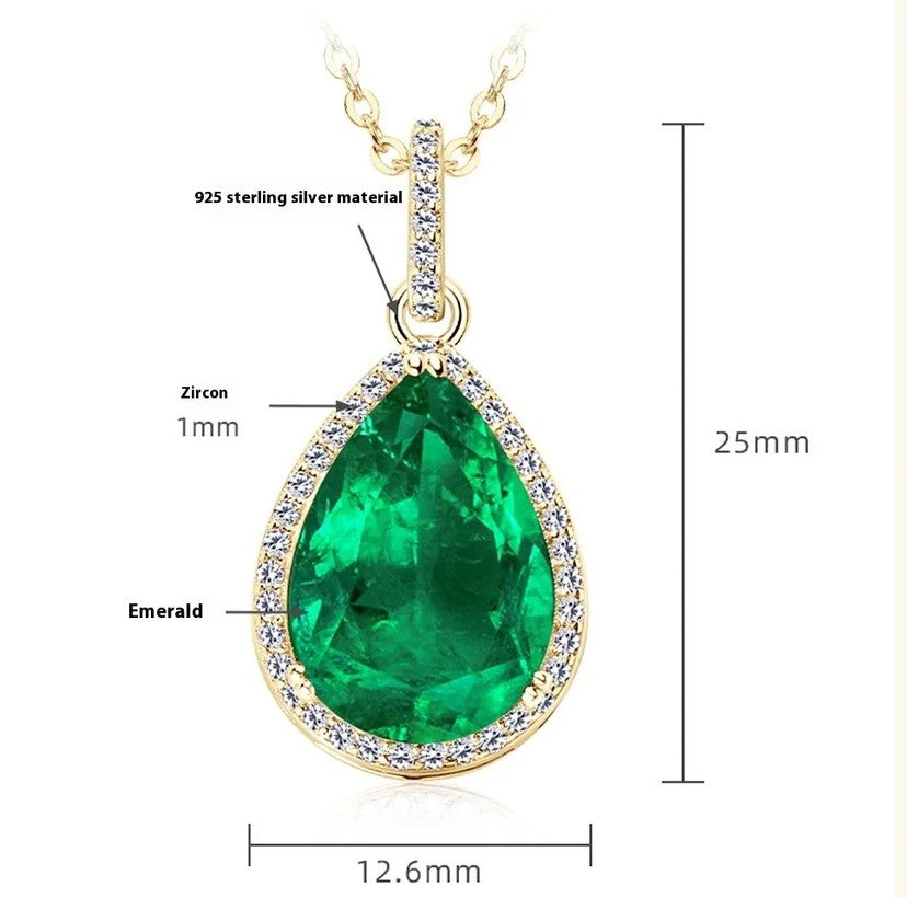 Emerald Green Teardrop Pendant Necklace - S925 Sterling Silver Delicate Chain