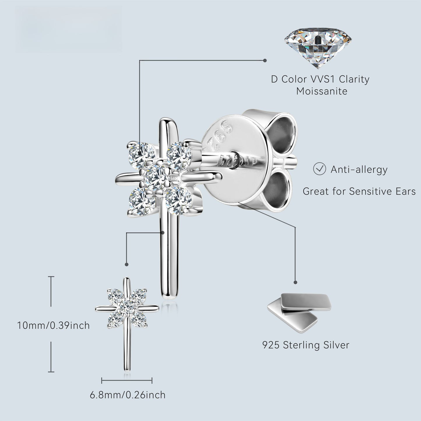 925 Sterling Silver Cross Moissanite Stud Earrings - Fashion Jewelry for Women