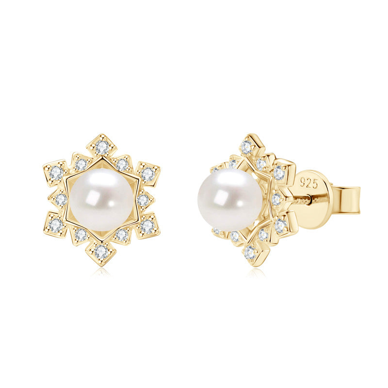 Christmas Snowflake Pearl Stud Earrings - Sterling Silver for Women