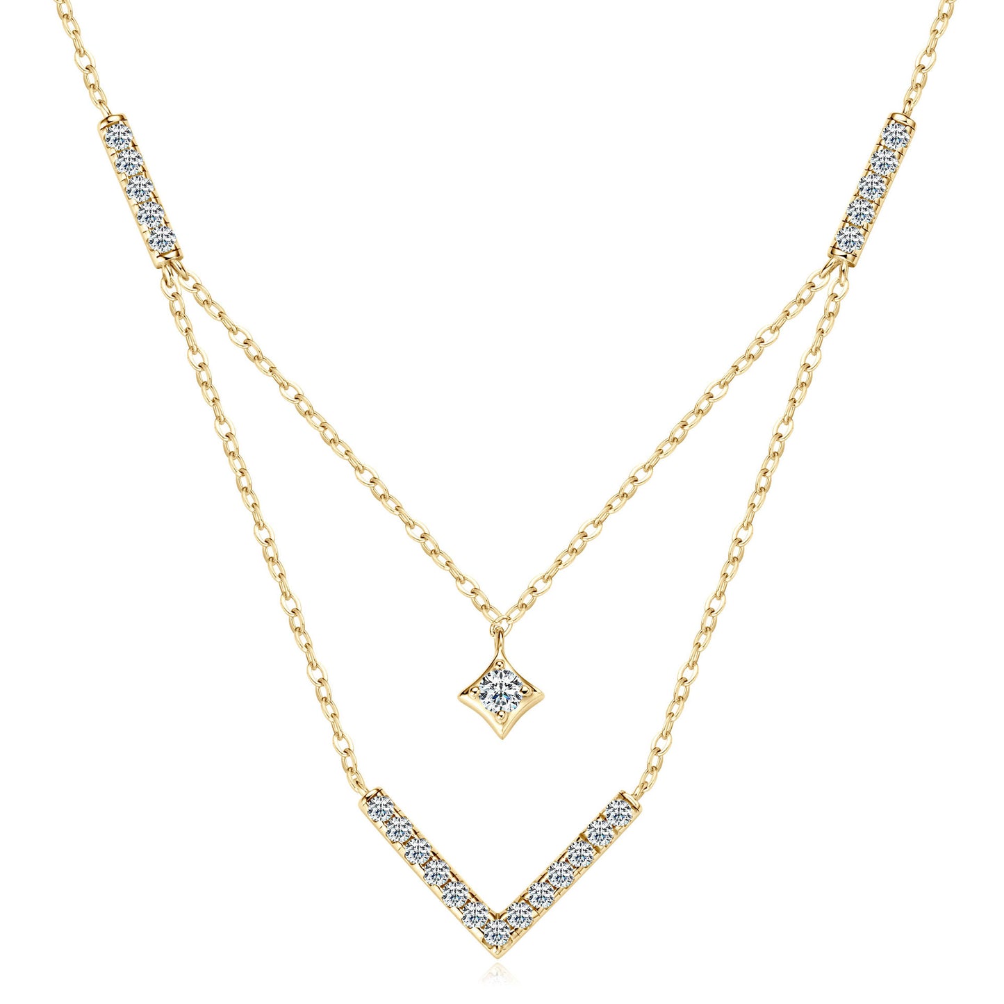 Double Layer V-Shaped Moissanite Necklace - S925 Sterling Silver Collarbone Chain