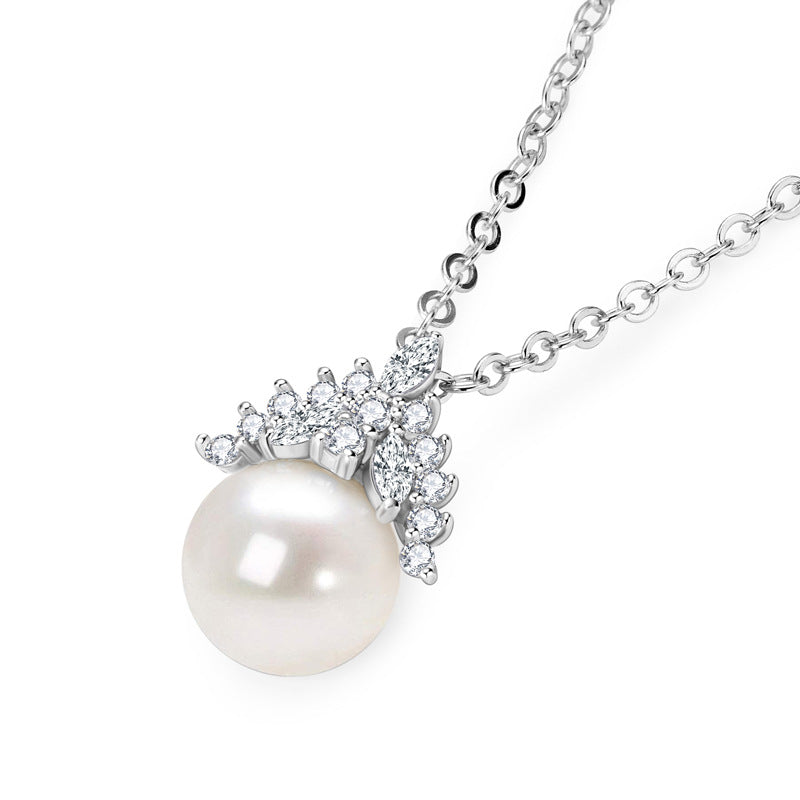 Crown Pearl Pendant Necklace - S925 Sterling Silver with CZ Diamonds