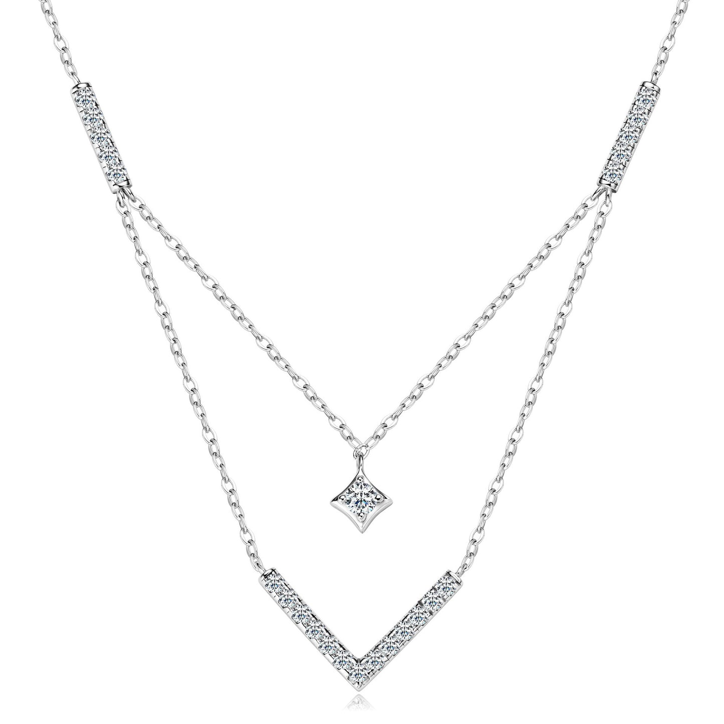 Double Layer V-Shaped Moissanite Necklace - S925 Sterling Silver Collarbone Chain