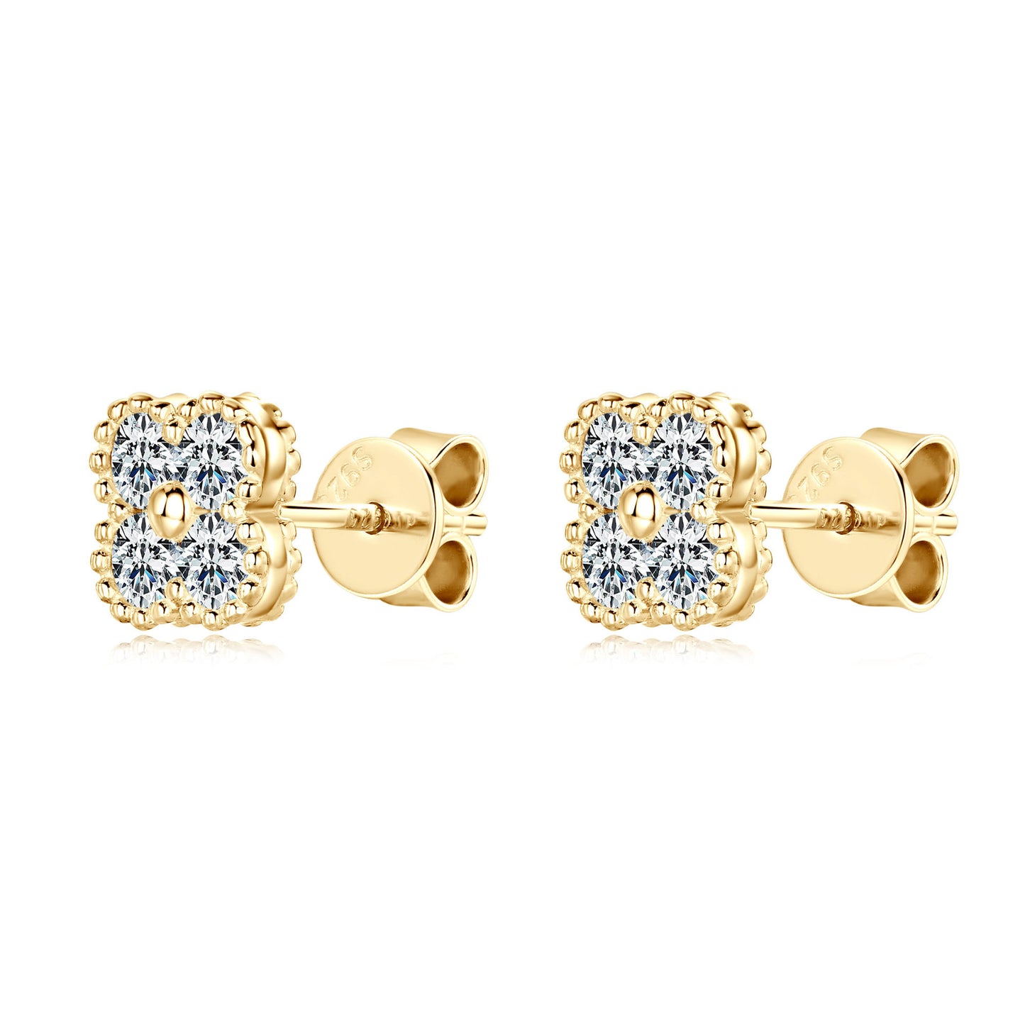 S925 Sterling Silver Four Leaf Clover Moissanite Stud Earrings - Lucky Charm Pavé Flower