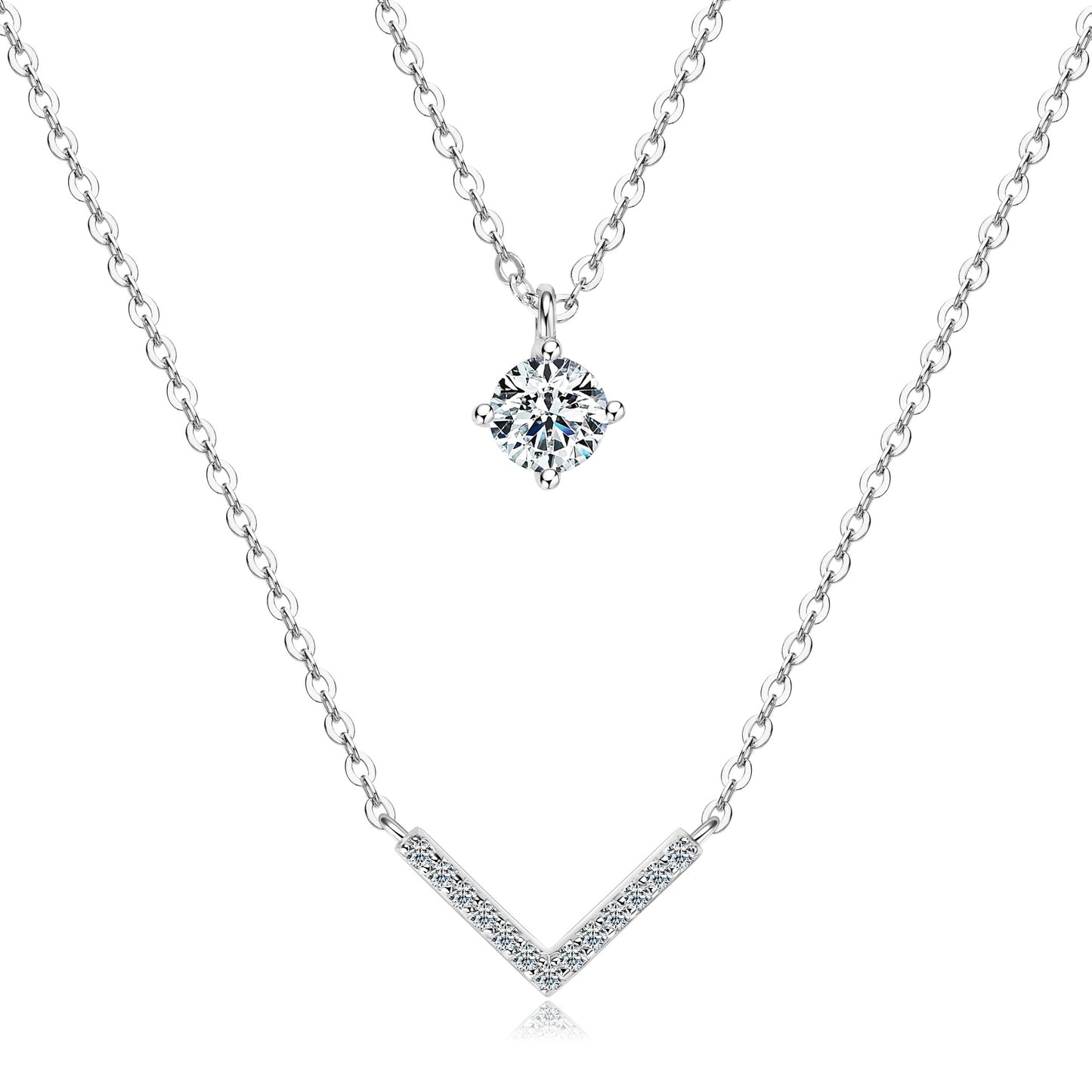 S925 Sterling Silver V-Shape Layered Moissanite Necklace - Trendy Double Chain