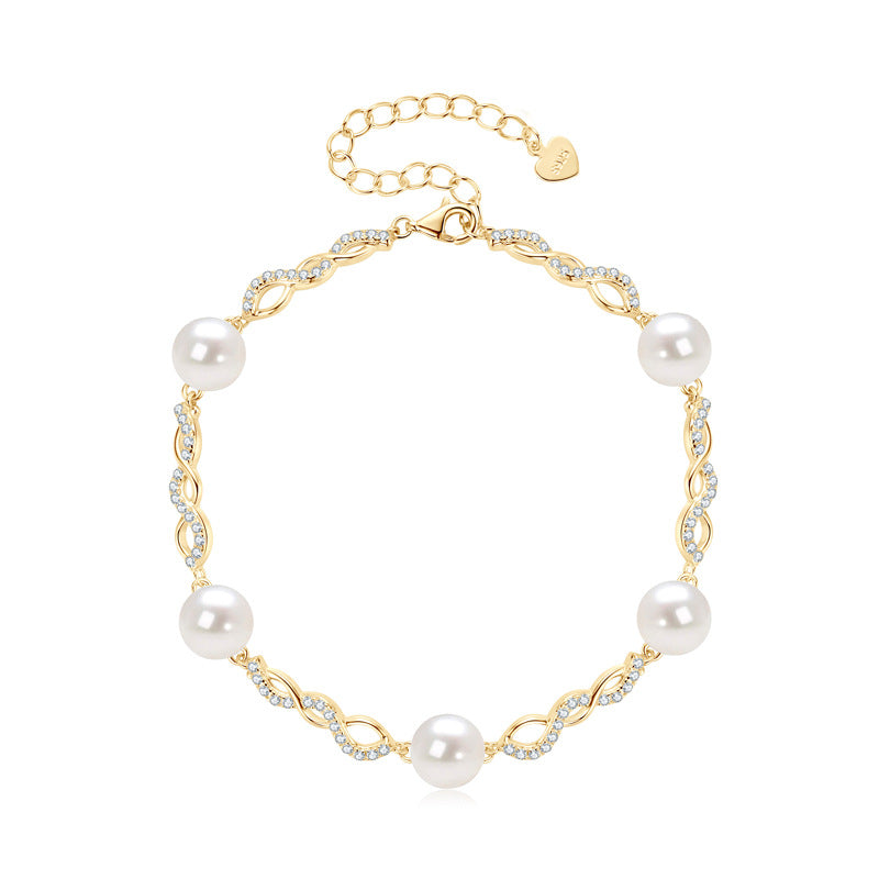 Freshwater Pearl Bracelet - S925 Sterling Silver with Crystal Accents for Women