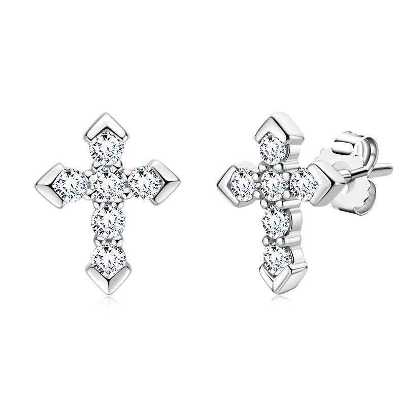 Cross Stud Earrings - 18K Gold Plated Sterling Silver with Moissanite for Women