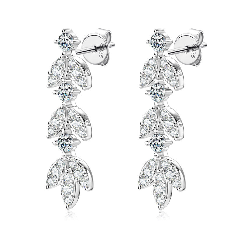 S925 Sterling Silver Moissanite Leaf Tassel Drop Earrings - Nature-Inspired Luxury