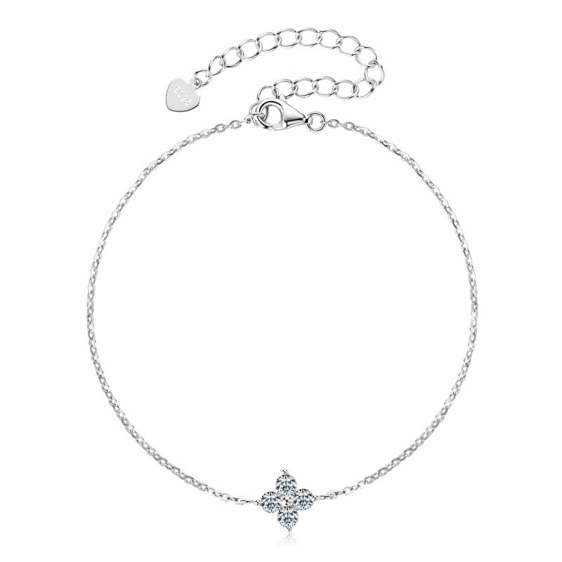 S925 Sterling Silver Four-Leaf Clover Moissanite Bracelet - Lucky Charm Jewelry