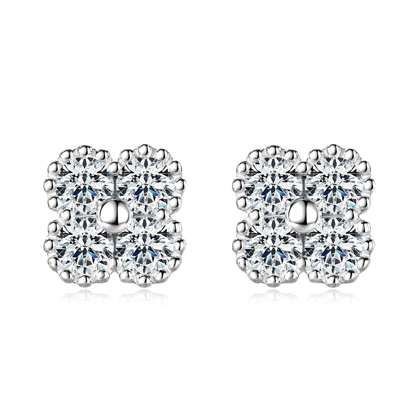 S925 Sterling Silver Four Leaf Clover Moissanite Stud Earrings - Lucky Charm Pavé Flower