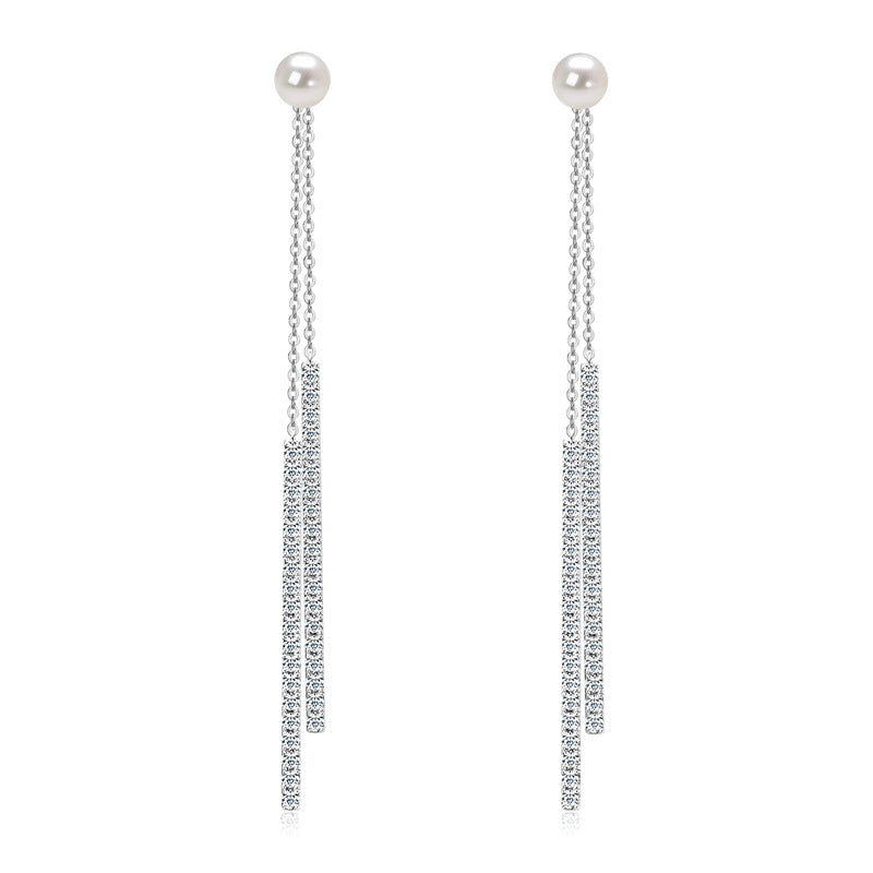 Crystal Zircon Fringed Pearl Drop Earrings - S925 Sterling Silver Long Earrings