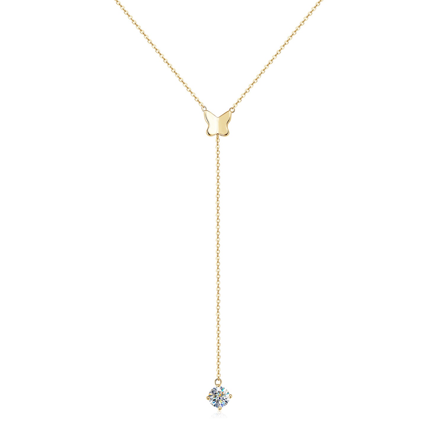 Moissanite Butterfly Pendant Y-Chain Necklace - 925 Sterling Silver Lariat