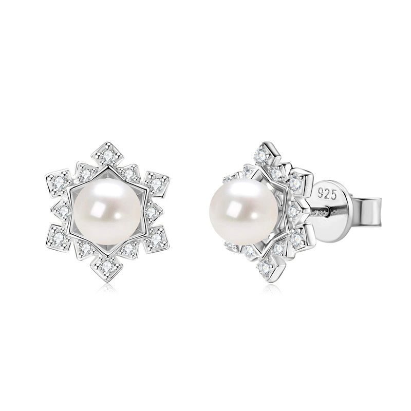 Christmas Snowflake Pearl Stud Earrings - Sterling Silver for Women