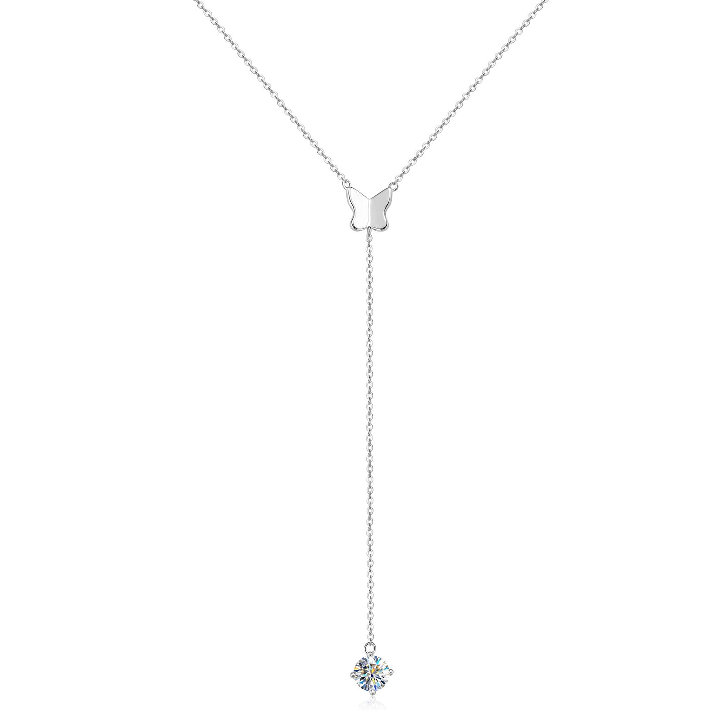 Moissanite Butterfly Pendant Y-Chain Necklace - 925 Sterling Silver Lariat