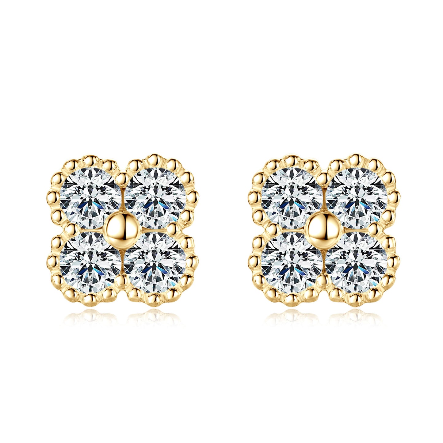 S925 Sterling Silver Four Leaf Clover Moissanite Stud Earrings - Lucky Charm Pavé Flower