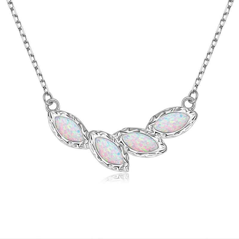 Wheat Leaf Pendant Necklace - Sterling Silver with Opal for Women