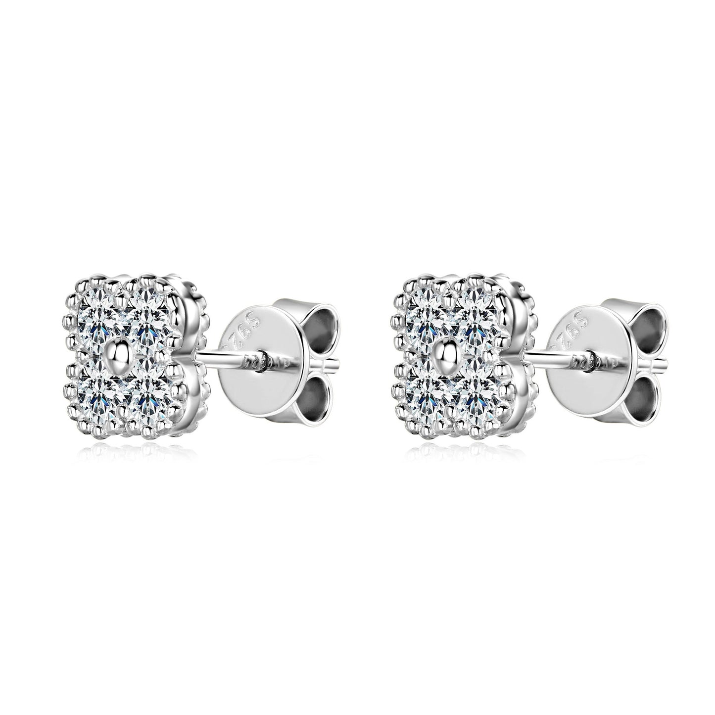 S925 Sterling Silver Four Leaf Clover Moissanite Stud Earrings - Lucky Charm Pavé Flower