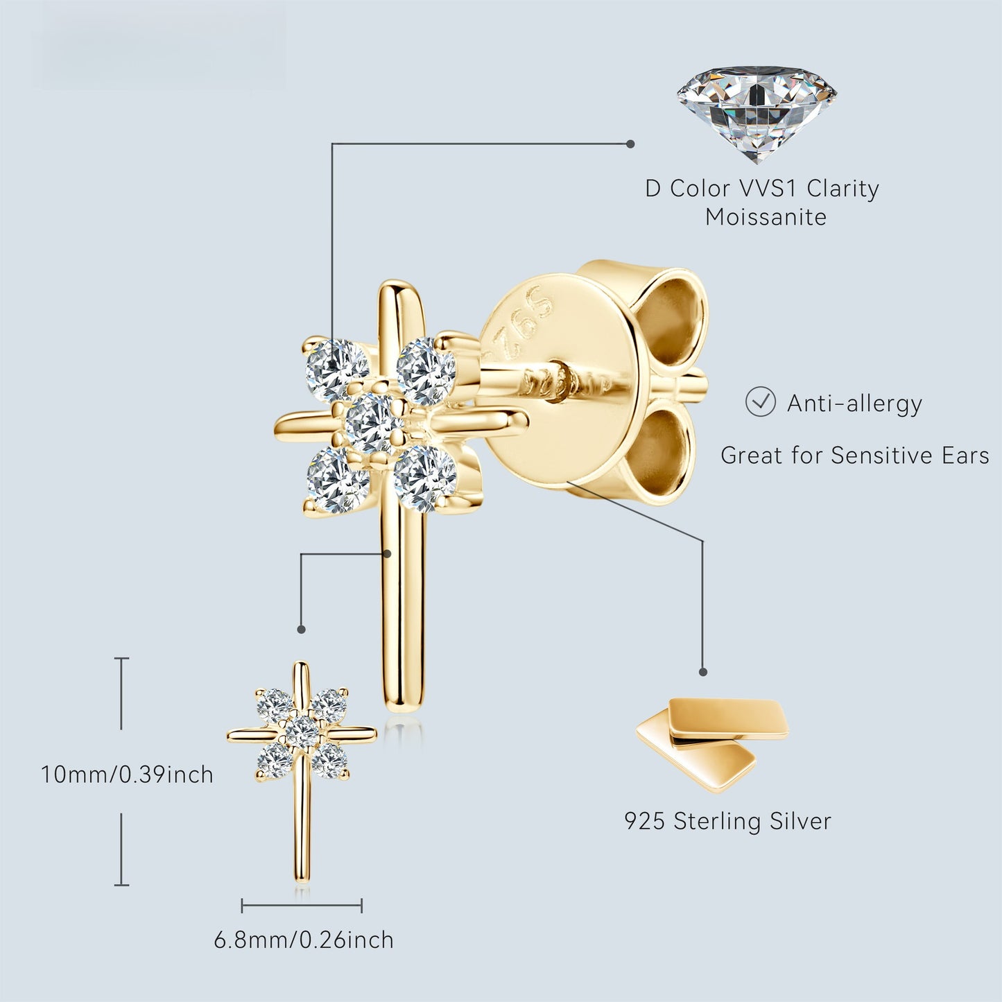 925 Sterling Silver Cross Moissanite Stud Earrings - Fashion Jewelry for Women