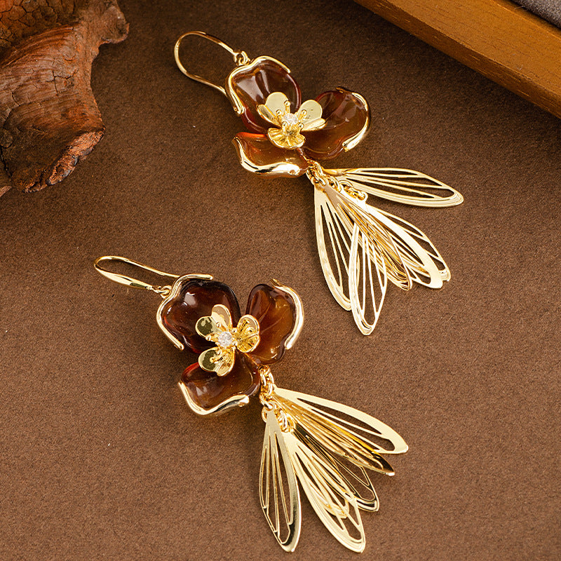 Amber Resin Flower Earrings - 3D Floral Statement Earrings for Women