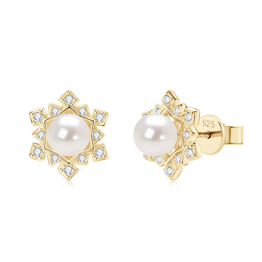 Christmas Snowflake Pearl Stud Earrings - Sterling Silver for Women