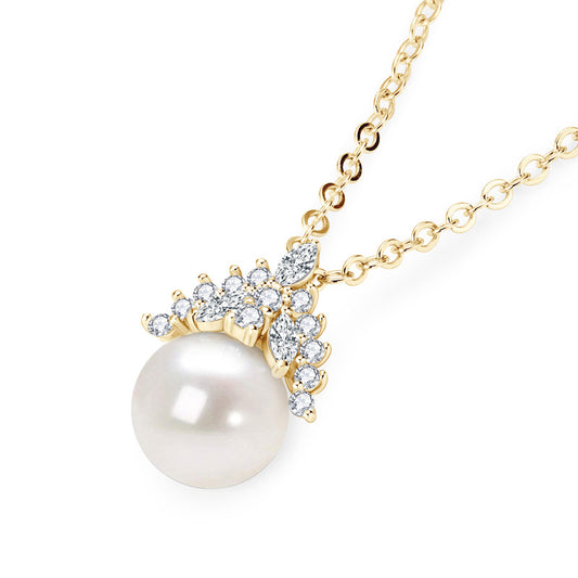 Crown Pearl Pendant Necklace - S925 Sterling Silver with CZ Diamonds