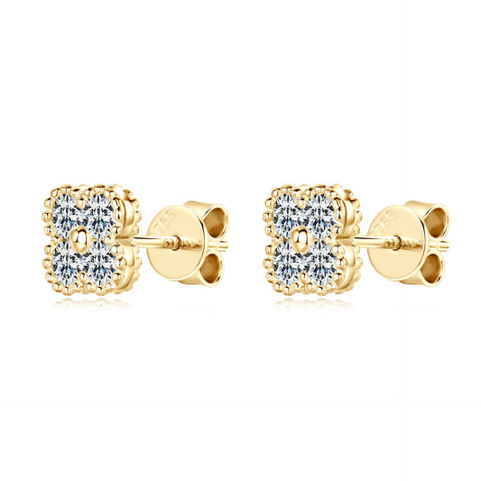 S925 Sterling Silver Four Leaf Clover Moissanite Stud Earrings - Lucky Charm Pavé Flower