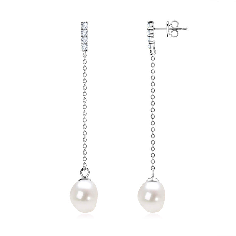 French Style Freshwater Pearl Long Drop Earrings - Sterling Silver for Women