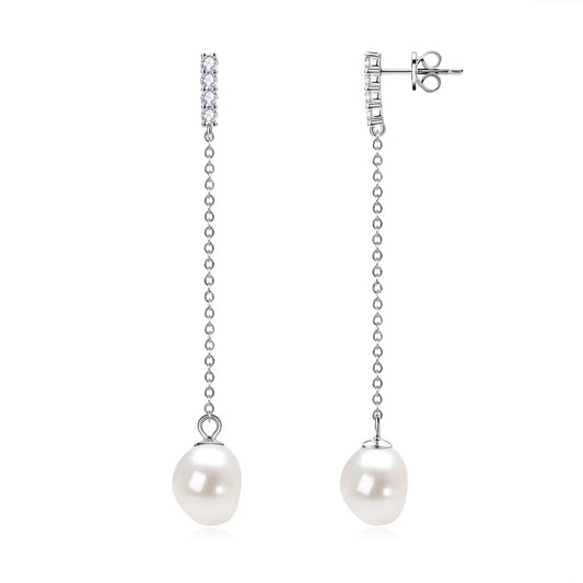 French Style Freshwater Pearl Long Drop Earrings - Sterling Silver for Women