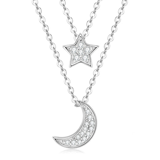 S925 Sterling Silver Double Layer Star Moon Moissanite Necklace - Collarbone Chain