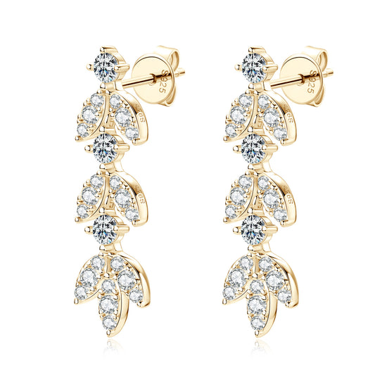 S925 Sterling Silver Moissanite Leaf Tassel Drop Earrings - Nature-Inspired Luxury