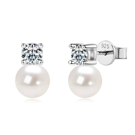 S925 Sterling Silver Classic Freshwater Pearl Stud Earrings - Round Design