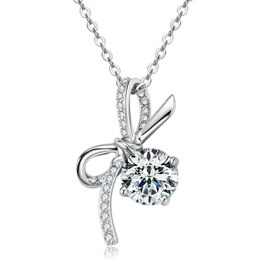 Zircon Bow Collarbone Necklace - S925 Sterling Silver Delicate Chain for Women