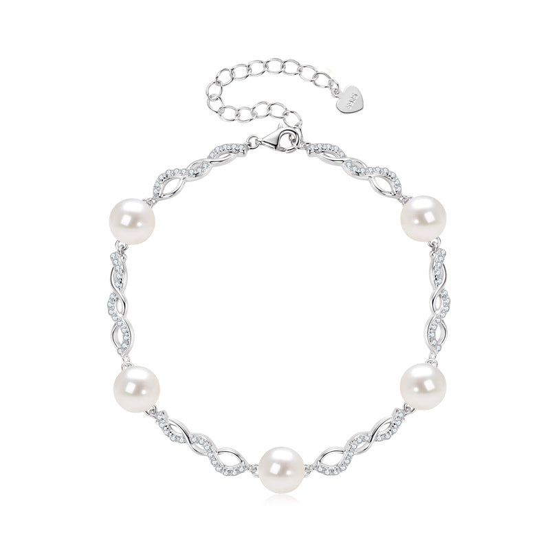 Freshwater Pearl Bracelet - S925 Sterling Silver with Crystal Accents for Women