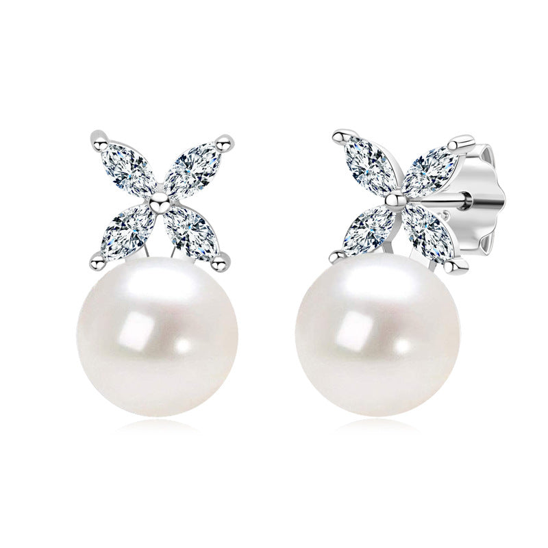 Natural Freshwater Pearl Stud Earrings - Lucky Four-Leaf Clover Design