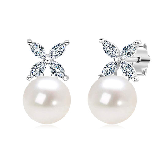 Natural Freshwater Pearl Stud Earrings - Lucky Four-Leaf Clover Design