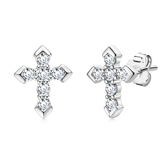 Cross Stud Earrings - 18K Gold Plated Sterling Silver with Moissanite for Women
