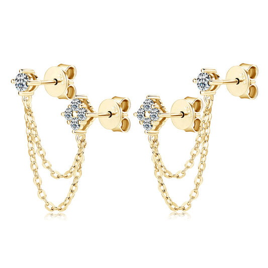S925 Sterling Silver Clover Chain Fringe Earrings - Double Piercing Design