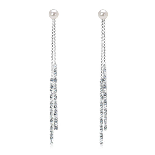 Crystal Zircon Fringed Pearl Drop Earrings - S925 Sterling Silver Long Earrings