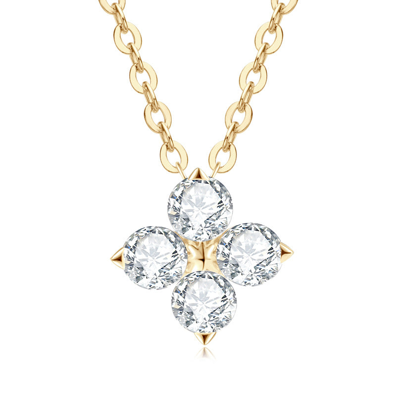 S925 Sterling Silver D Color Moissanite Four-Leaf Clover Necklace - 18K Gold Plated Lucky Pendant
