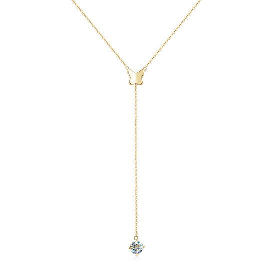 Moissanite Butterfly Pendant Y-Chain Necklace - 925 Sterling Silver Lariat