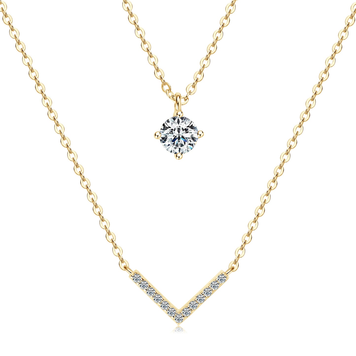 S925 Sterling Silver V-Shape Layered Moissanite Necklace - Trendy Double Chain