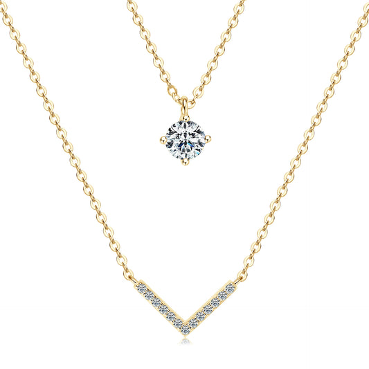 S925 Sterling Silver V-Shape Layered Moissanite Necklace - Trendy Double Chain