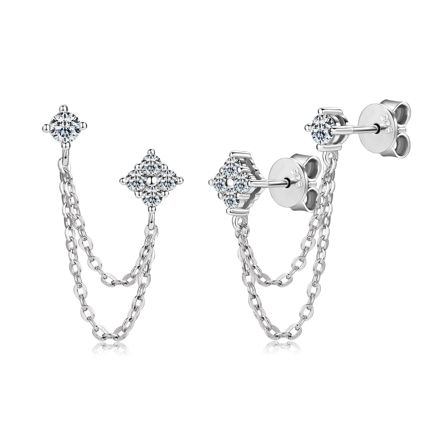 S925 Sterling Silver Clover Chain Fringe Earrings - Double Piercing Design