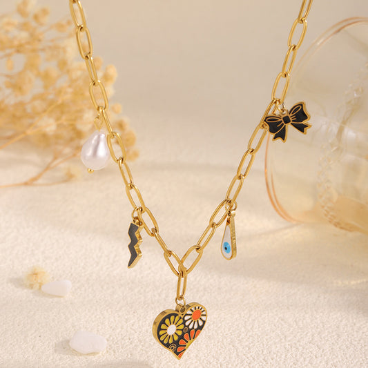Bow and Heart Pendant Necklace - Layered Charm Necklace