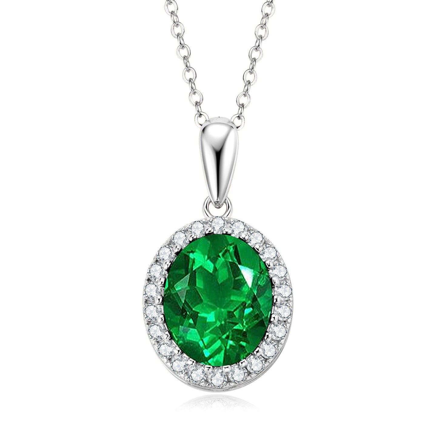 Emerald Green Oval Pendant Necklace - S925 Sterling Silver Geometric Design