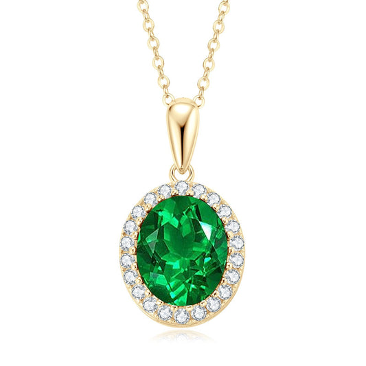 Emerald Green Oval Pendant Necklace - S925 Sterling Silver Geometric Design