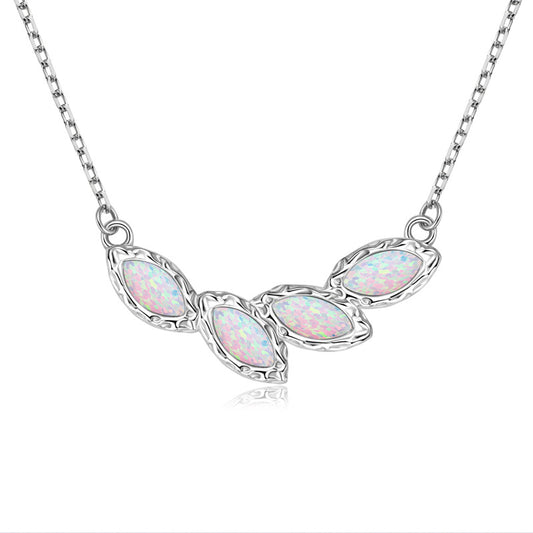 Wheat Leaf Pendant Necklace - Sterling Silver with Opal for Women
