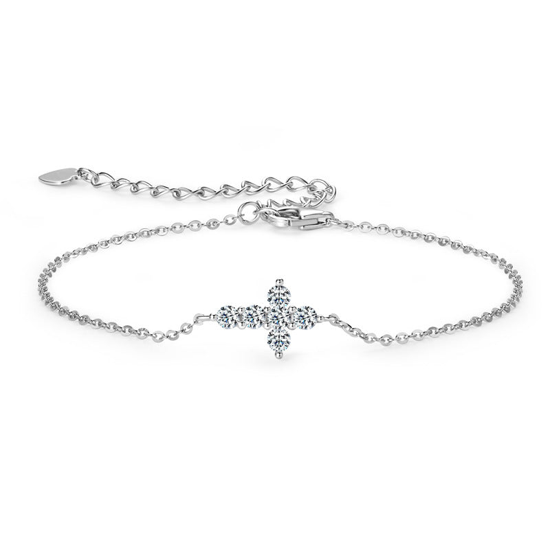 S925 Sterling Silver Cross D-Color Moissanite Bracelet - Minimalist Chain
