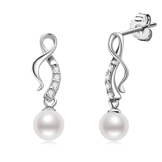 Freshwater Pearl Bow Earrings - S925 Sterling Silver Drop Earrings for Women