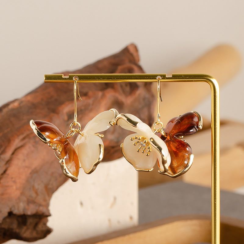 Amber Resin Flower Earrings - 3D Floral Statement Earrings for Women