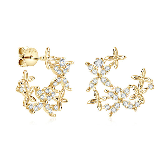 S925 Sterling Silver Four-Leaf Clover Moissanite Stud Earrings - 18K Gold Plated Lucky Charm